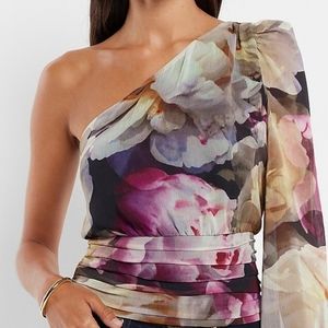 Express size large floral one shoulder pleated waist top